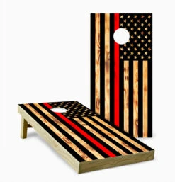 American Flag Burnt Wood Red Stripe Version 2 Cornhole Set With Bags