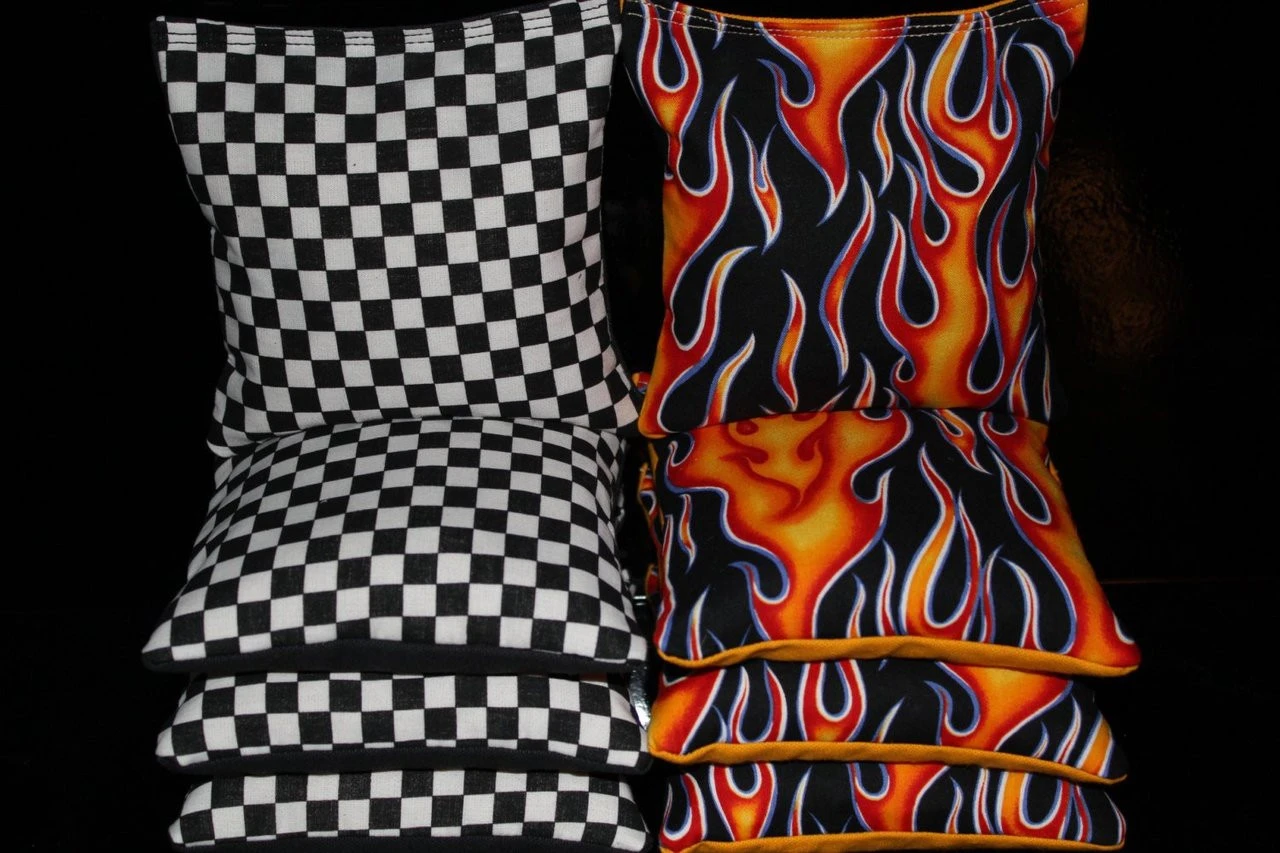 Checkered Flag And Flames Cornhole Bags - Set Of 8